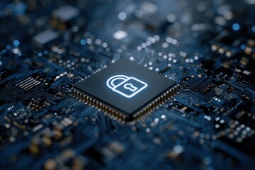 A glowing padlock icon sits atop a circuit board