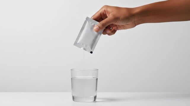 Dissolving a Packet of Powder into a Glass of Water, A Hand Holding a Sachet Pouring Powder into a Glass
