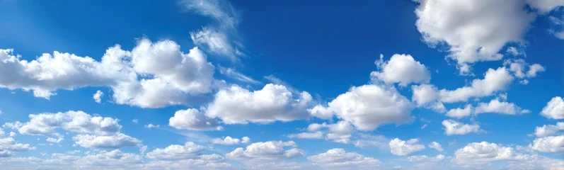 A vast expanse of a vibrant blue sky dotted with fluffy white cumulus clouds © yuna