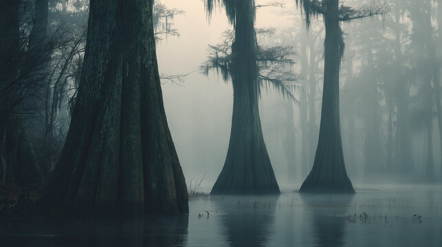 Foggy swamp with ancient cypress trees, haunting and mysterious.