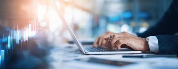 The laptop with hands typing on keyboard in modern office financial workspace