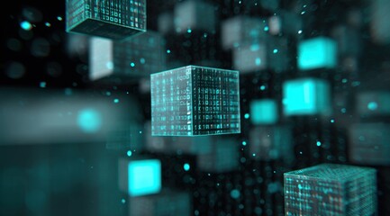 Floating teal cubes, data-filled, digital