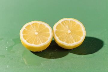 Two bright halves of vivid lemons beautifully showcase their juicy texture against a vibrant green backdrop