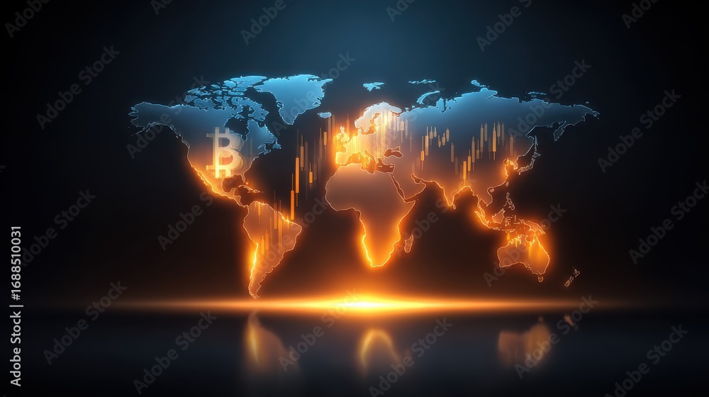 Poster digital world map with glowing cryptocurrency symbols and financial data visualization on dark backg