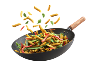 Pasta Stir Fry in a Black Wok with Green Vegetables and Red Peppers