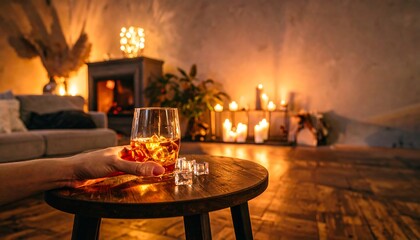 A hand holds a whiskey glass with ice in a cozy living room