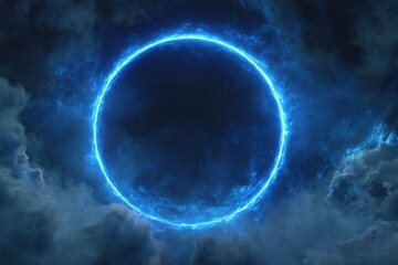A vibrant, glowing, blue circle frame set against a dark, stormy sky