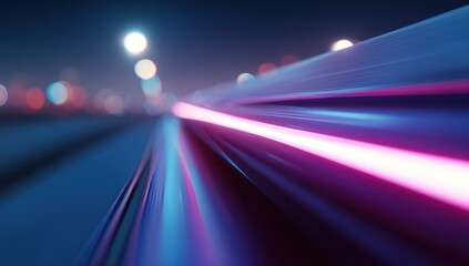 Futuristic night highway.  Blurred motion of a vehicle.  Neon pink and blue light trails. City lights in background