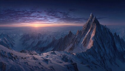 Snowy mountain range at sunrise.  Vast, icy peaks, dramatic light
