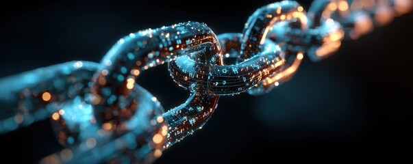 Abstract chain link, glowing with digital particles, in dark blue and orange tones