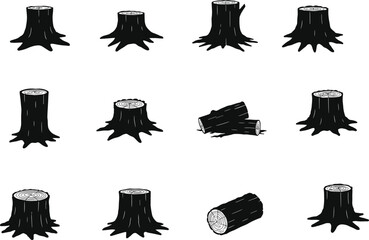 Set of black tree stump and log silhouettes, isolated nature elements, wood textures, forestry, cut trees, natural wood objects.