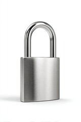 Fototapeta premium A gleaming, metallic padlock, subtly shadowed, sits on a stark white background, showcasing its polished, rectangular body and sturdy, curved shackle