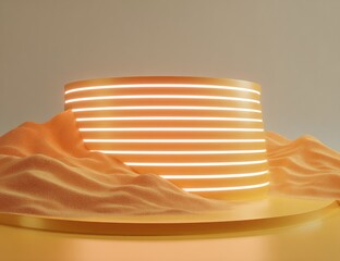 Illuminated cylinder pedestal on a sandy surface.
