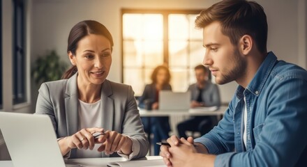 Businesswoman Consulting Young Man in Office, Discussing Plans with Colleagues