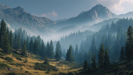 Misty mountain valley, with pine forests and rolling hills