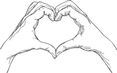 Black and white outline drawing of two hands forming a heart shape symbolizing love and affection