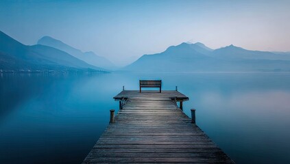 Fototapeta premium Calm lake vista with wooden pier and bench