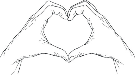 Black and white line drawing of two hands forming a heart shape symbolizing love and affection.