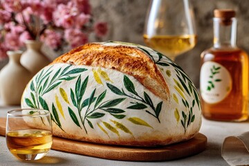 Painted loaf of artisan bread, floral design, on wooden board, with drinks and flowers