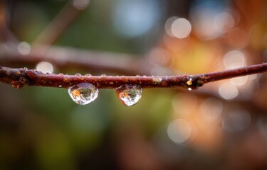 Two raindrops cling to a branch, reflecting the blurred autumnal background