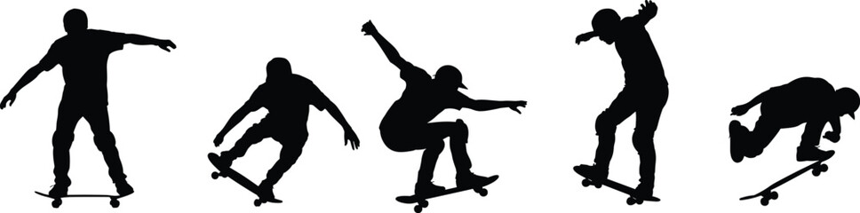 Silhouettes of skateboarders performing tricks, jumping, balancing, dynamic poses, urban sport, skateboarding action, isolated black figures on white background