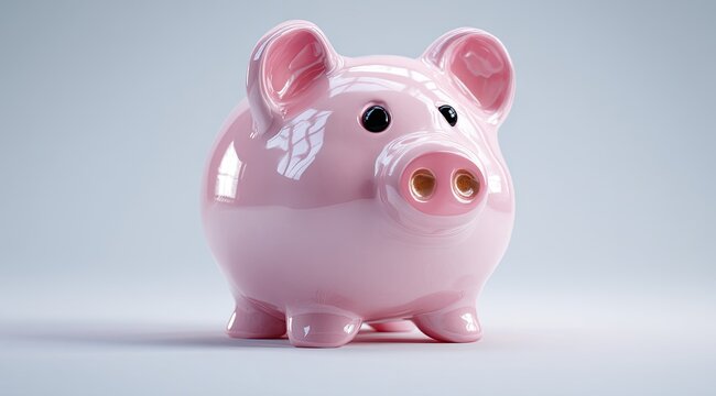 A glossy, light pink piggy bank with small, upright ears, simple black eyes, and orange nostrils sits on a light grey background