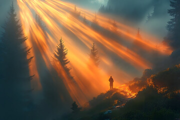 Fototapeta premium Misty forest sunrise person silhouetted in golden sunlight rays