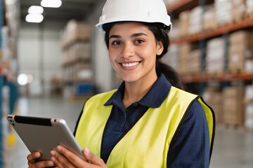 A highly skilled professional woman wearing safety gear is efficiently managing inventory using a tablet