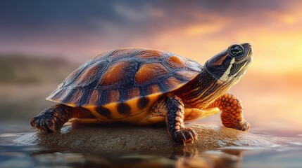 Obraz premium Captivating Turtle on a Rock Under a Beautiful Sunset Reflecting in Water