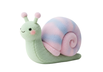 Pastel Green and Pink Knit Snail Plush Toy on white background