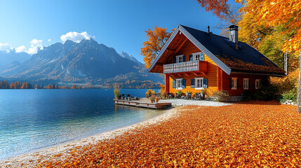 Autumnal Lakeside Cabin with Vibrant Fall Foliage