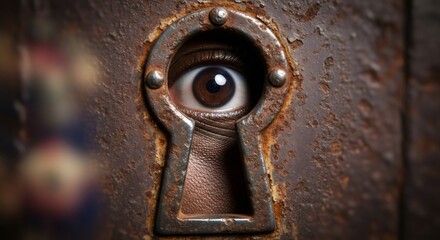 Fearful human eye peering through a rusty keyhole, conveying a concept of horror, nightmare, and psychological distress.