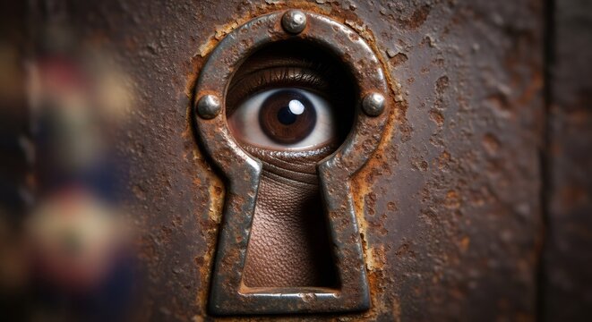Fearful human eye peering through a rusty keyhole, conveying a concept of horror, nightmare, and psychological distress.