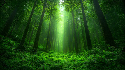 Obraz premium Emerald Canopy: Sunlight Filtering Through Dense Forest of Tower