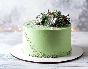 Festive green cake adorned with pine and snowflakes