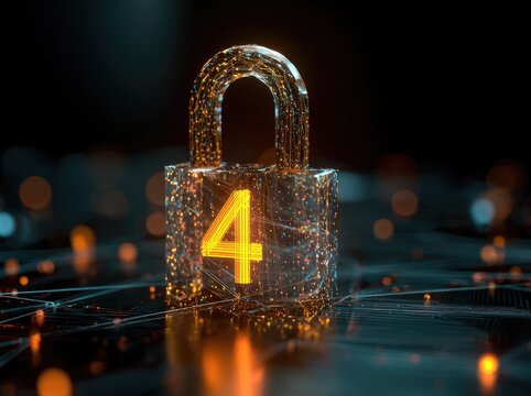 A glowing, transparent padlock with the number 4 sits on a dark, network-like surface, suggesting digital security and perhaps four levels of protection