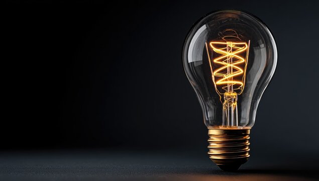 A glowing vintage-style lightbulb with a spiraled filament sits on a dark surface against a black background.  The warm light casts a subtle glow