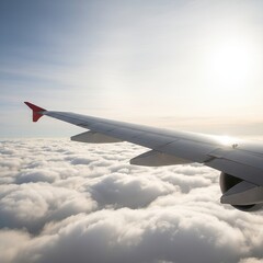 Fototapeta premium Low-angle shot of airplane wings during flight above clouds, bright sunlight