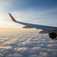 Obraz premium Low-angle shot of airplane wings during flight above clouds, bright sunlight
