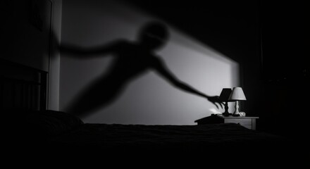 Obraz premium Shadow person appears on a wall, reaching towards a nightstand lamp. Concept of nightmare and fear, horror dream with dark bedroom.