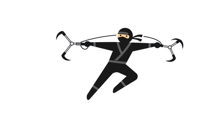 Cartoon Ninja Warrior in Black Suit Wielding Kusarigama Weapons.