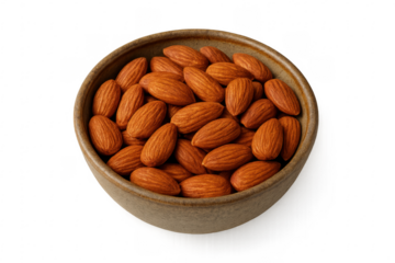 Bowl of almonds filling a rustic ceramic bowl on transparent background