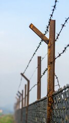 Rusty barbed wire fence against a clear sky
