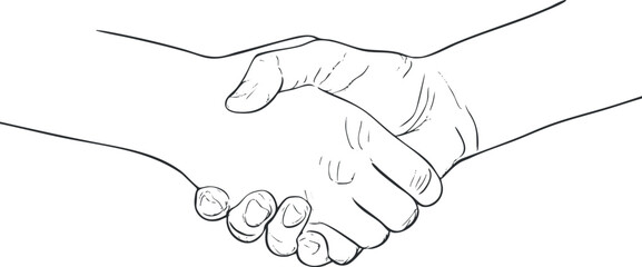 Black and white line drawing of two hands shaking symbolizing agreement and partnership