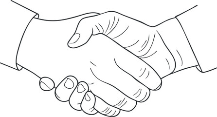 Black and white line drawing of two hands shaking symbolizing agreement and partnership
