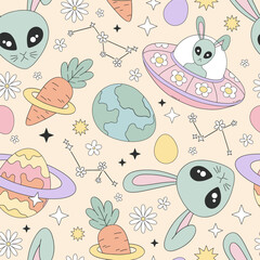 Groovy Cosmic Easter vector seamless pattern with alien bunny, UFO flying saucer, egg shaped planets, carrot, floral constellations, and pastel Easter eggs in a whimsical retro style. Great for kids