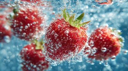Strawberries floating in bubbly water, fresh and clean.