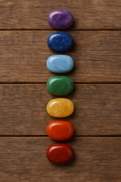 Seven chakra stones on wooden background - Spirituality, healing, and meditation concept 