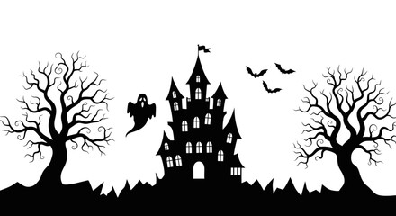 Spooky Halloween castle scene with bats, ghost and trees for holiday celebration