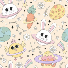 Groovy Cosmic Easter vector seamless pattern with cute whimsical bunny and chick planets with rings, egg shaped planets, carrot planet, floral constellations. Perfect for Easter wrapping paper